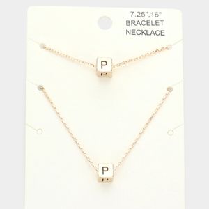 Gold Monogram "P" Cube Pendant Necklace Chain Set Bracelet Boxed Square Initial